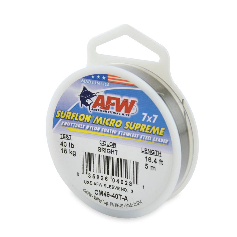 AFW American Fishing Wire Surflon Micro Supreme, Nylon Coated 7x7 Stainless Steel Leader Wire, 40 lb Test, .024" Diameter, Bright, 5 m - Image 1